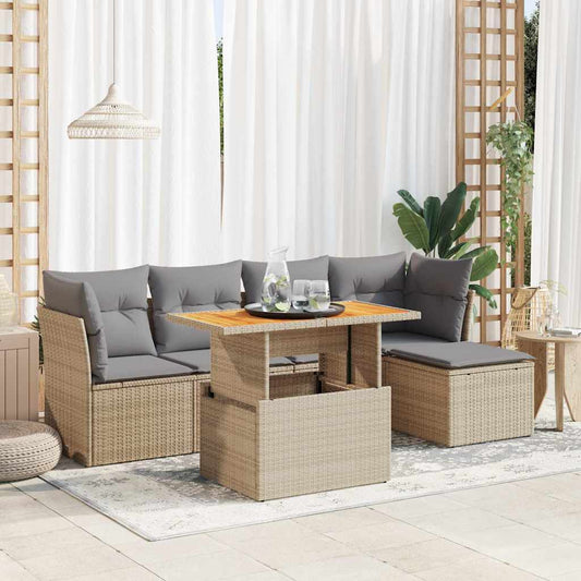 6-delige Loungeset met kussens poly rattan beige