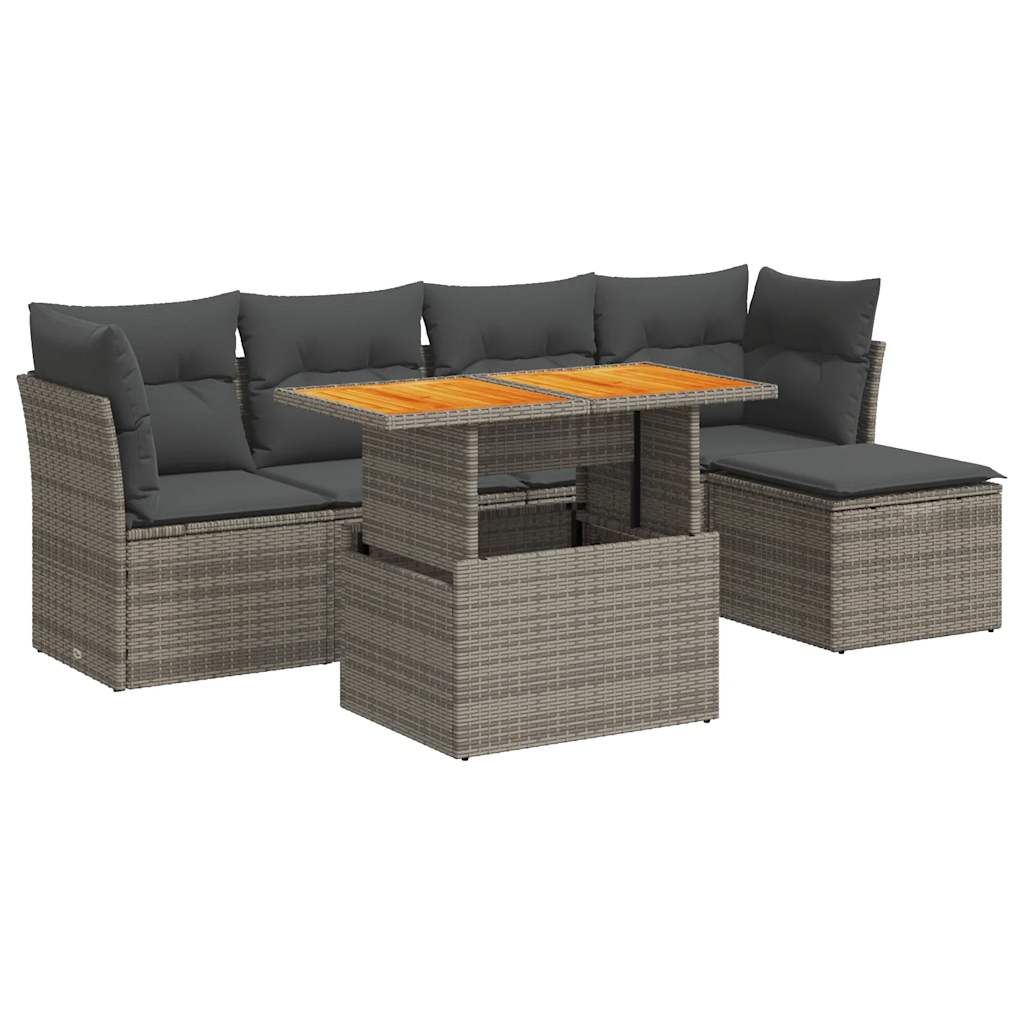 6-delige Loungeset met kussens poly rattan grijs