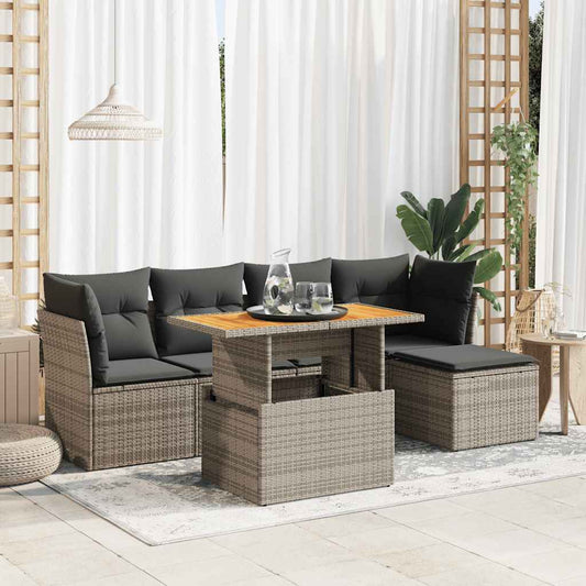 6-delige Loungeset met kussens poly rattan grijs