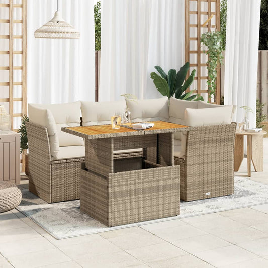 5-delige Loungeset met kussens poly rattan beige