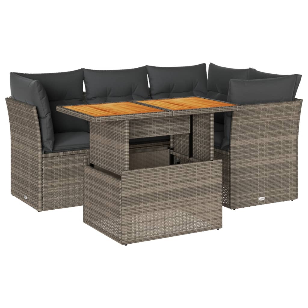 5-delige Loungeset met kussens poly rattan grijs