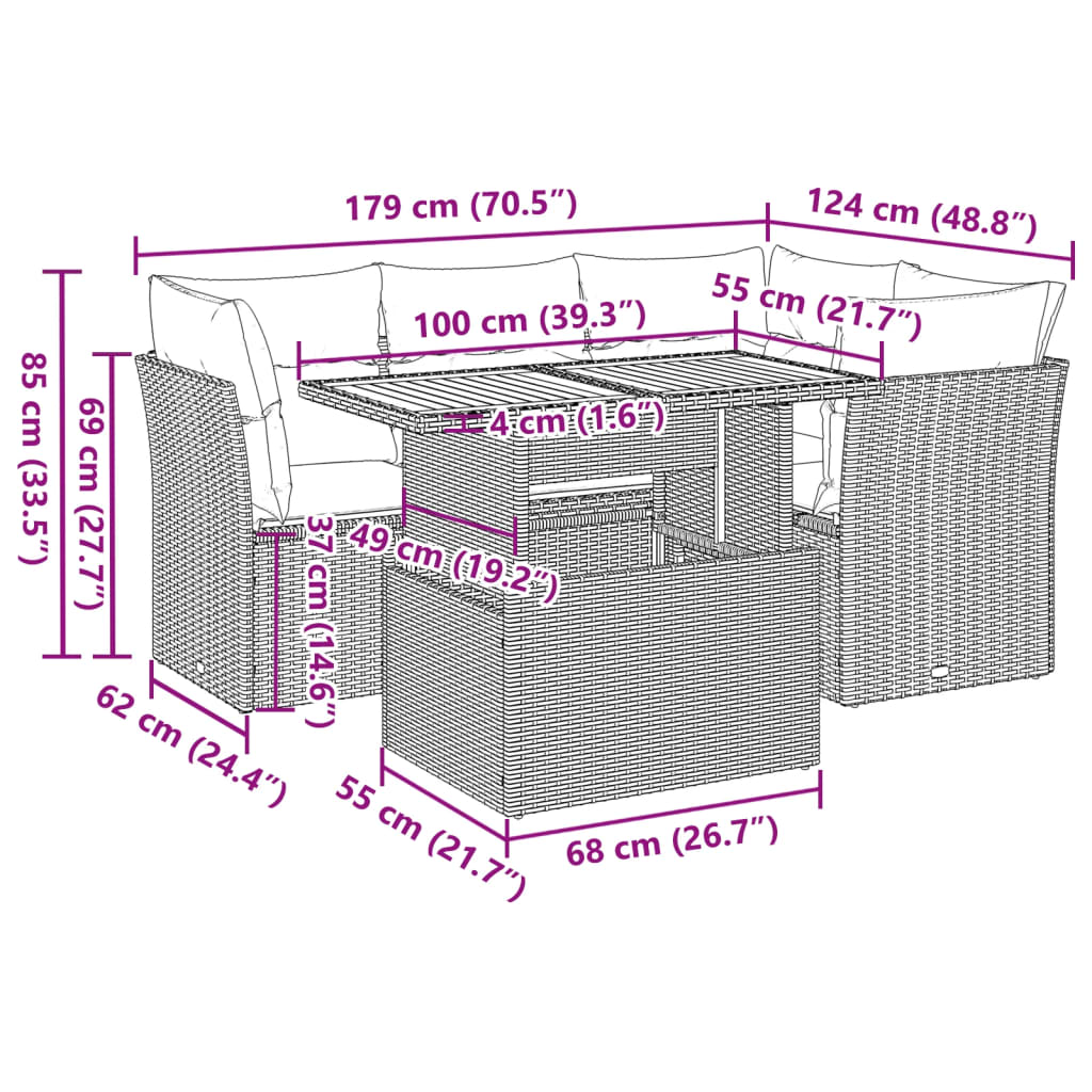 5-delige Loungeset met kussens poly rattan grijs