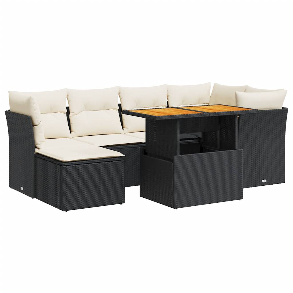 7-delige Loungeset met kussens poly rattan zwart