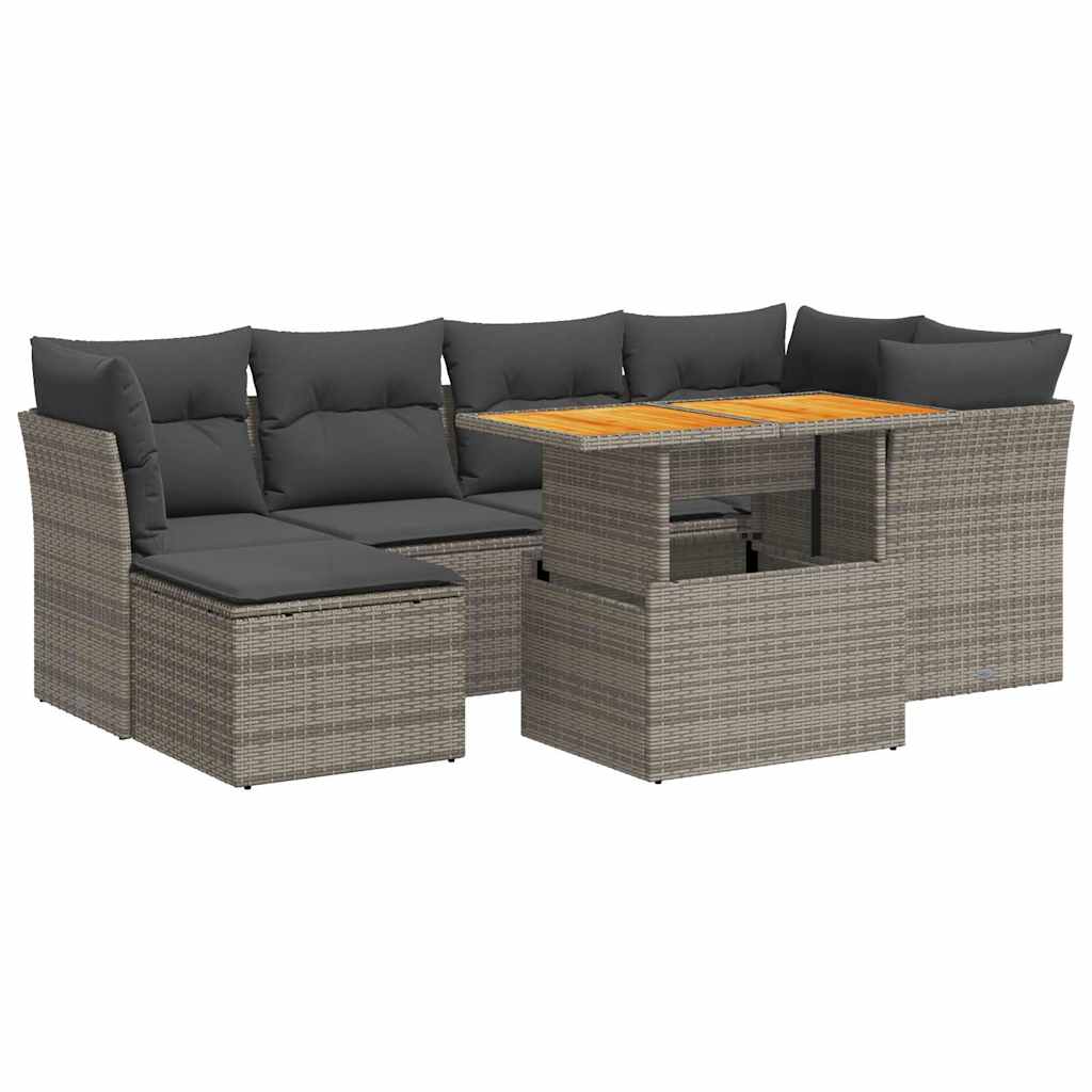 7-delige Loungeset met kussens poly rattan grijs