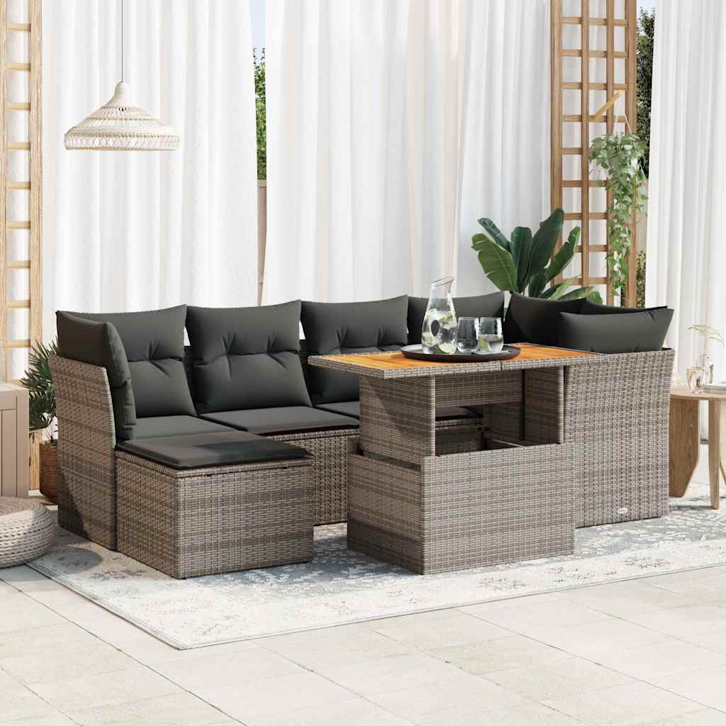 7-delige Loungeset met kussens poly rattan grijs