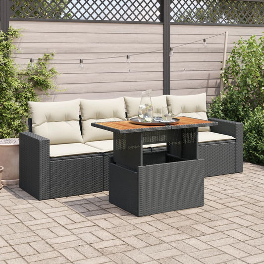 5-delige Loungeset met kussens poly rattan zwart