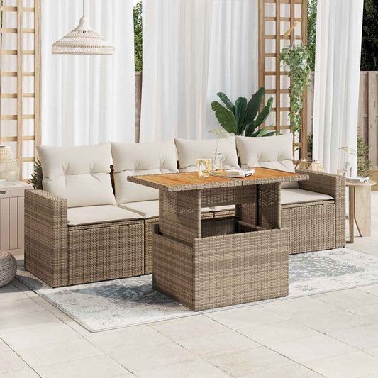 5-delige Loungeset met kussens poly rattan beige