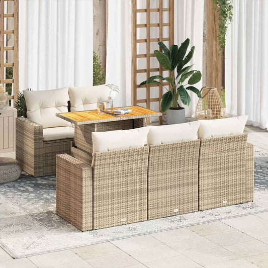 6-delige Loungeset met kussens poly rattan beige