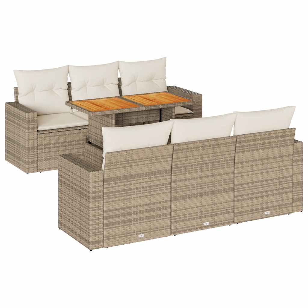 7-delige Loungeset met kussens poly rattan beige