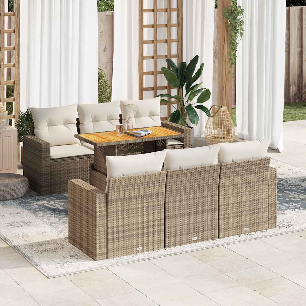 7-delige Loungeset met kussens poly rattan beige