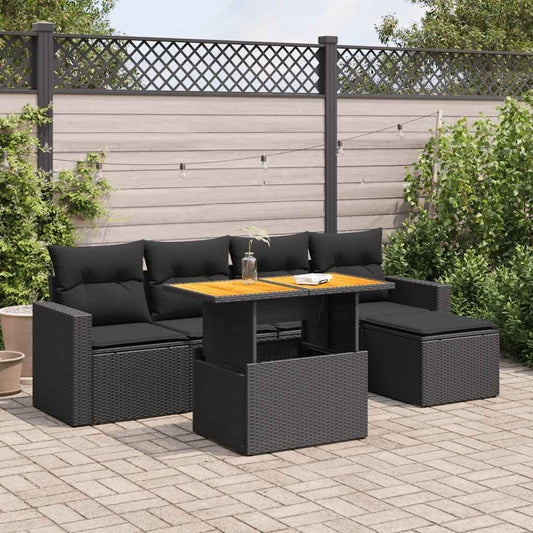 6-delige Loungeset met kussens poly rattan zwart