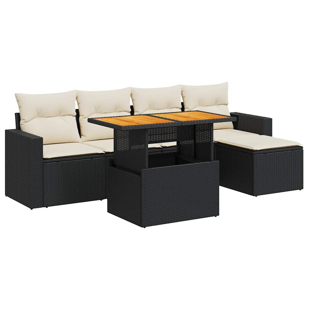 6-delige Loungeset met kussens poly rattan zwart