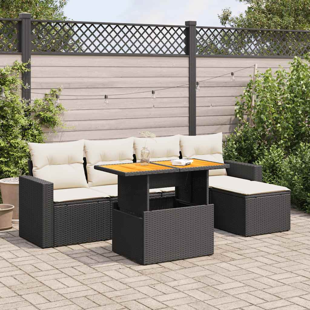 6-delige Loungeset met kussens poly rattan zwart