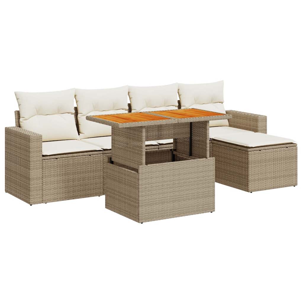 6-delige Loungeset met kussens poly rattan beige