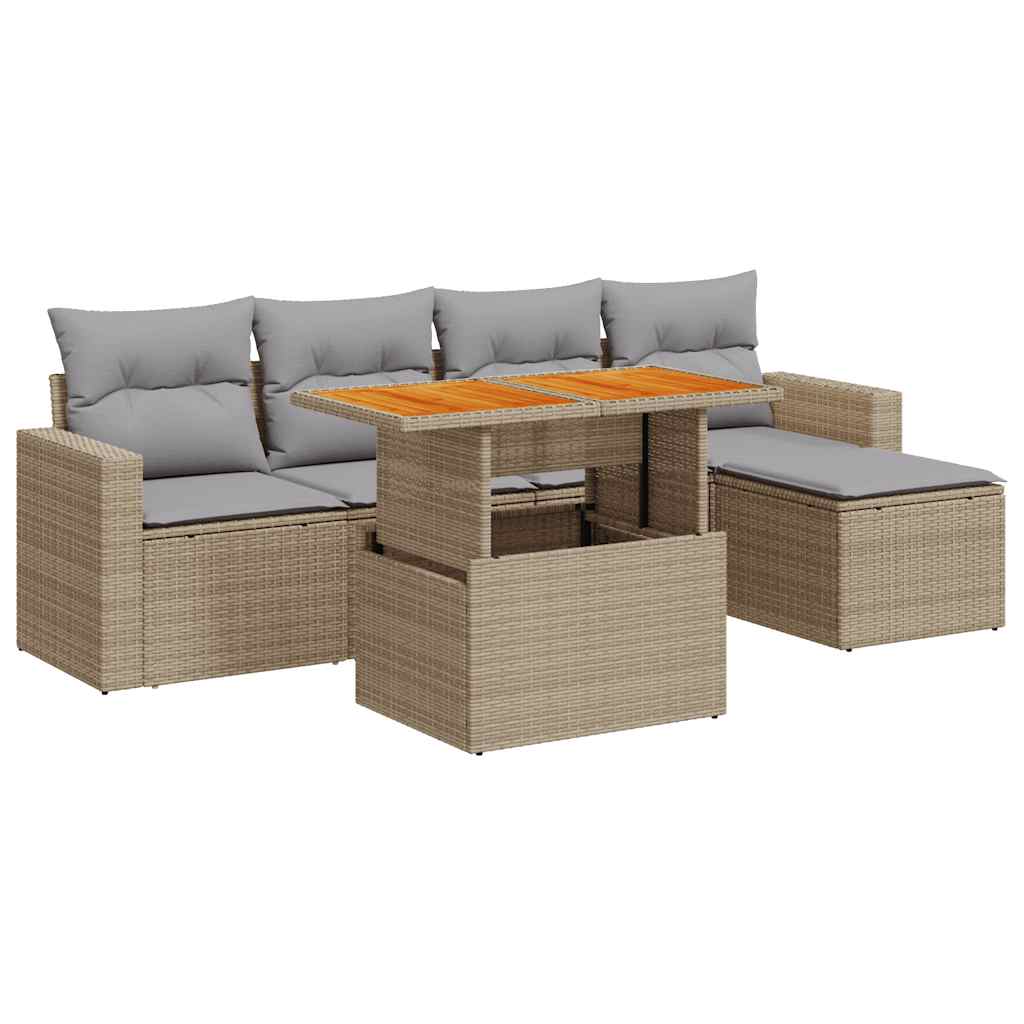 6-delige Loungeset met kussens poly rattan beige