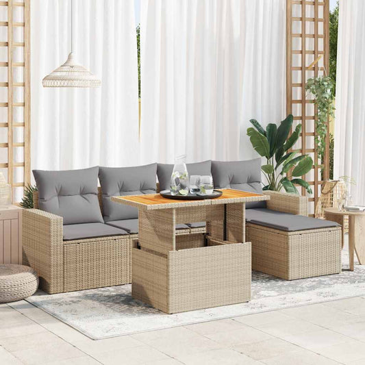 6-delige Loungeset met kussens poly rattan beige