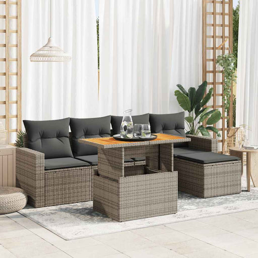 6-delige Loungeset met kussens poly rattan grijs