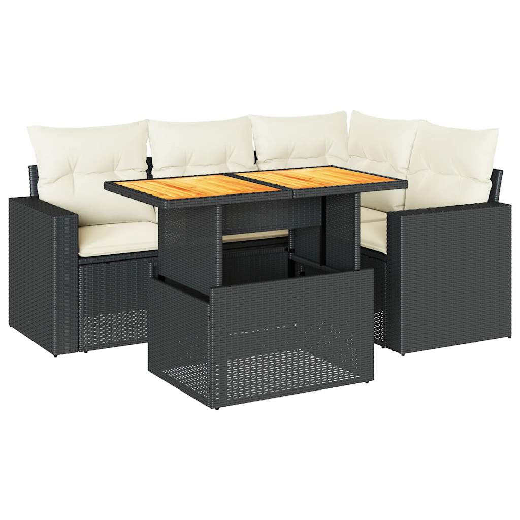 5-delige Loungeset met kussens poly rattan zwart