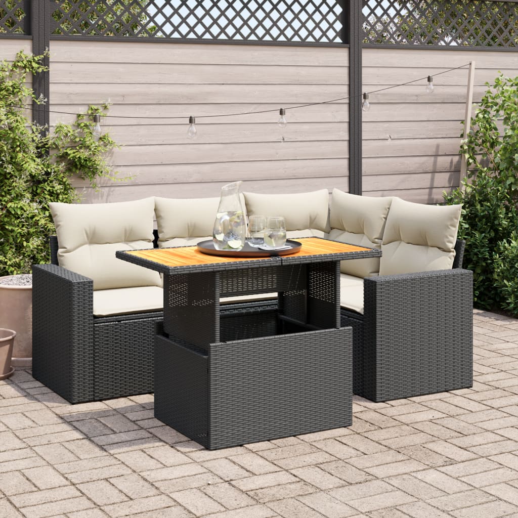 5-delige Loungeset met kussens poly rattan zwart