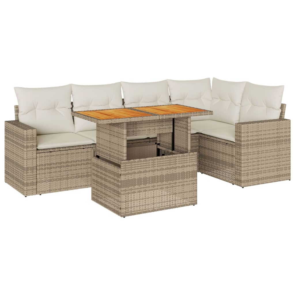 6-delige Loungeset met kussens poly rattan beige