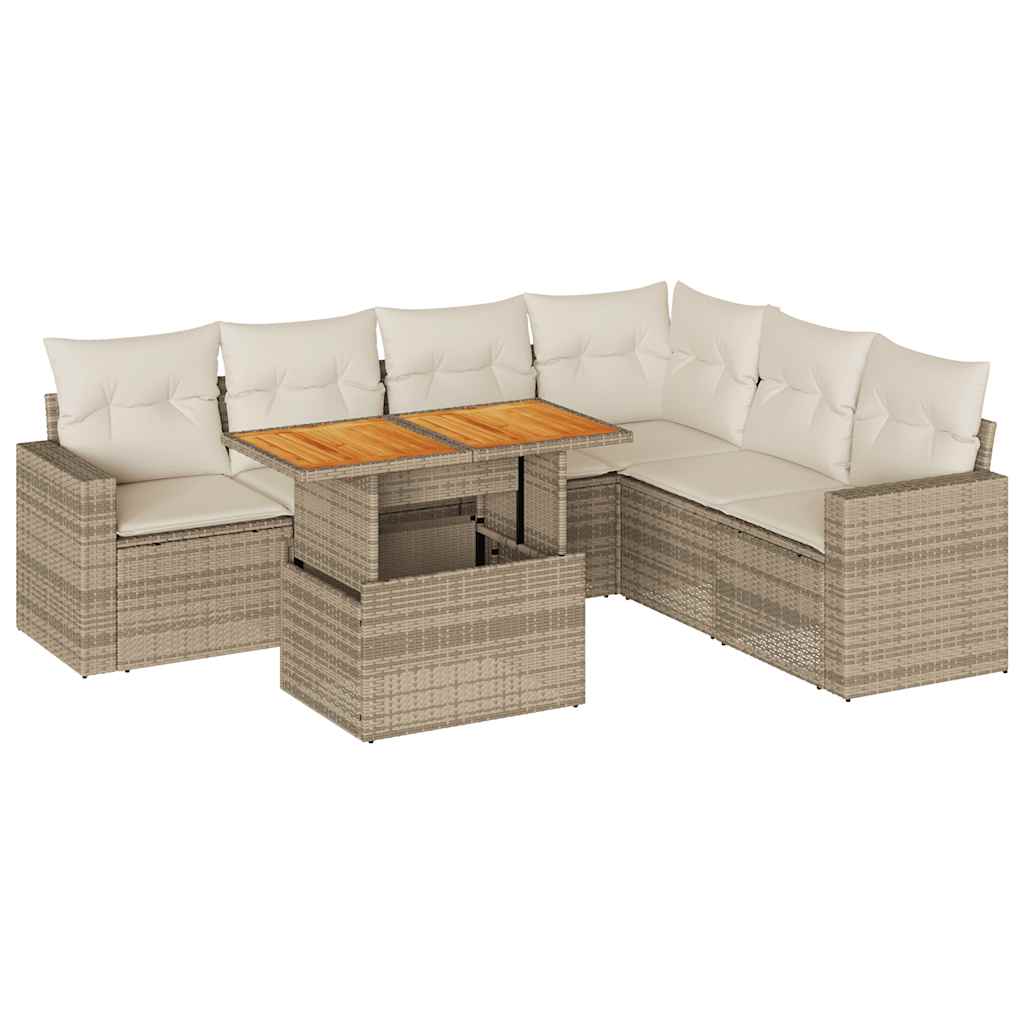 7-delige Loungeset met kussens poly rattan beige