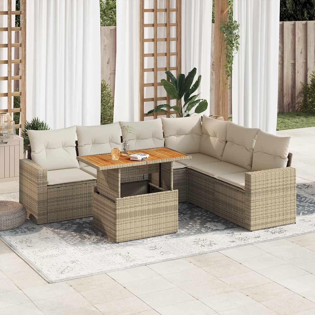 7-delige Loungeset met kussens poly rattan beige