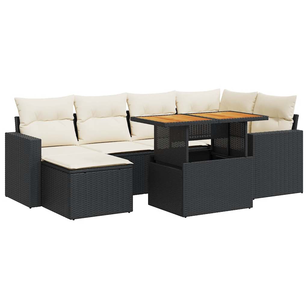 7-delige Loungeset met kussens poly rattan zwart