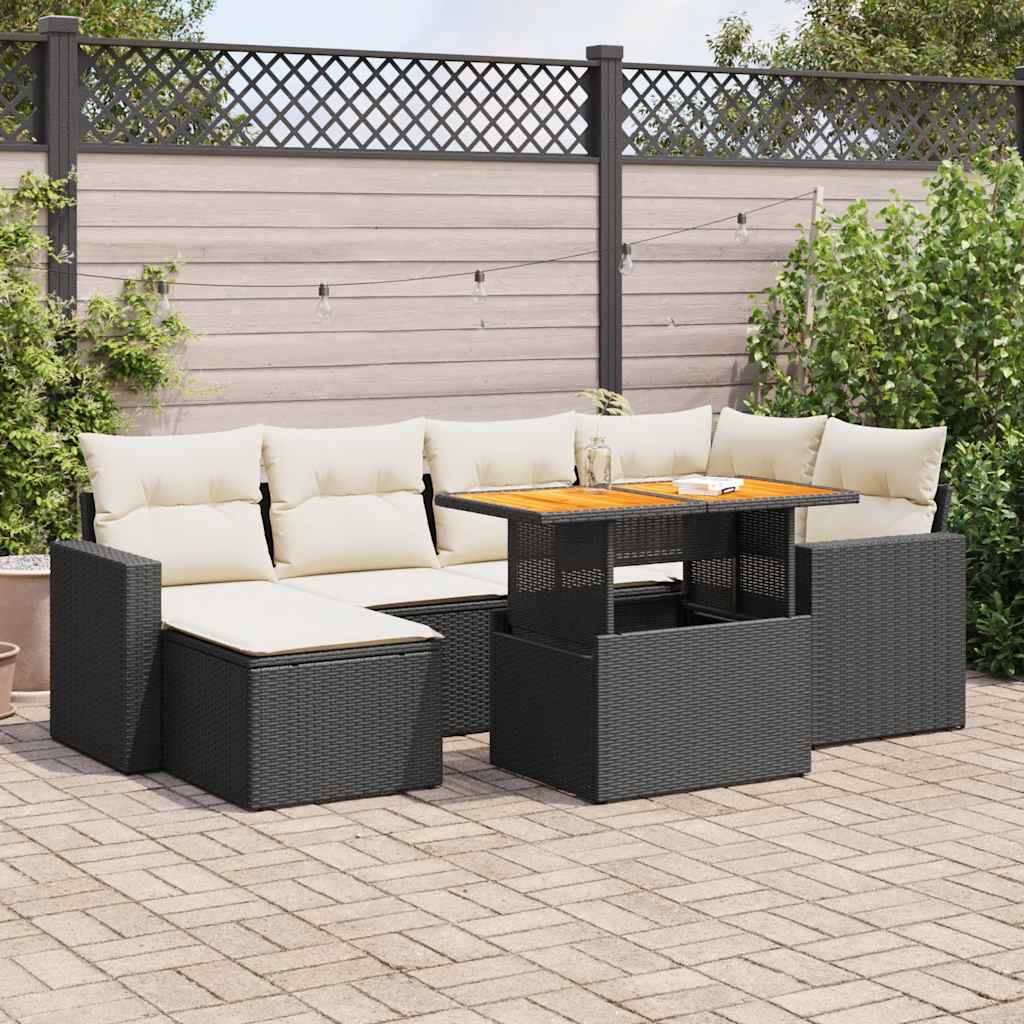 7-delige Loungeset met kussens poly rattan zwart