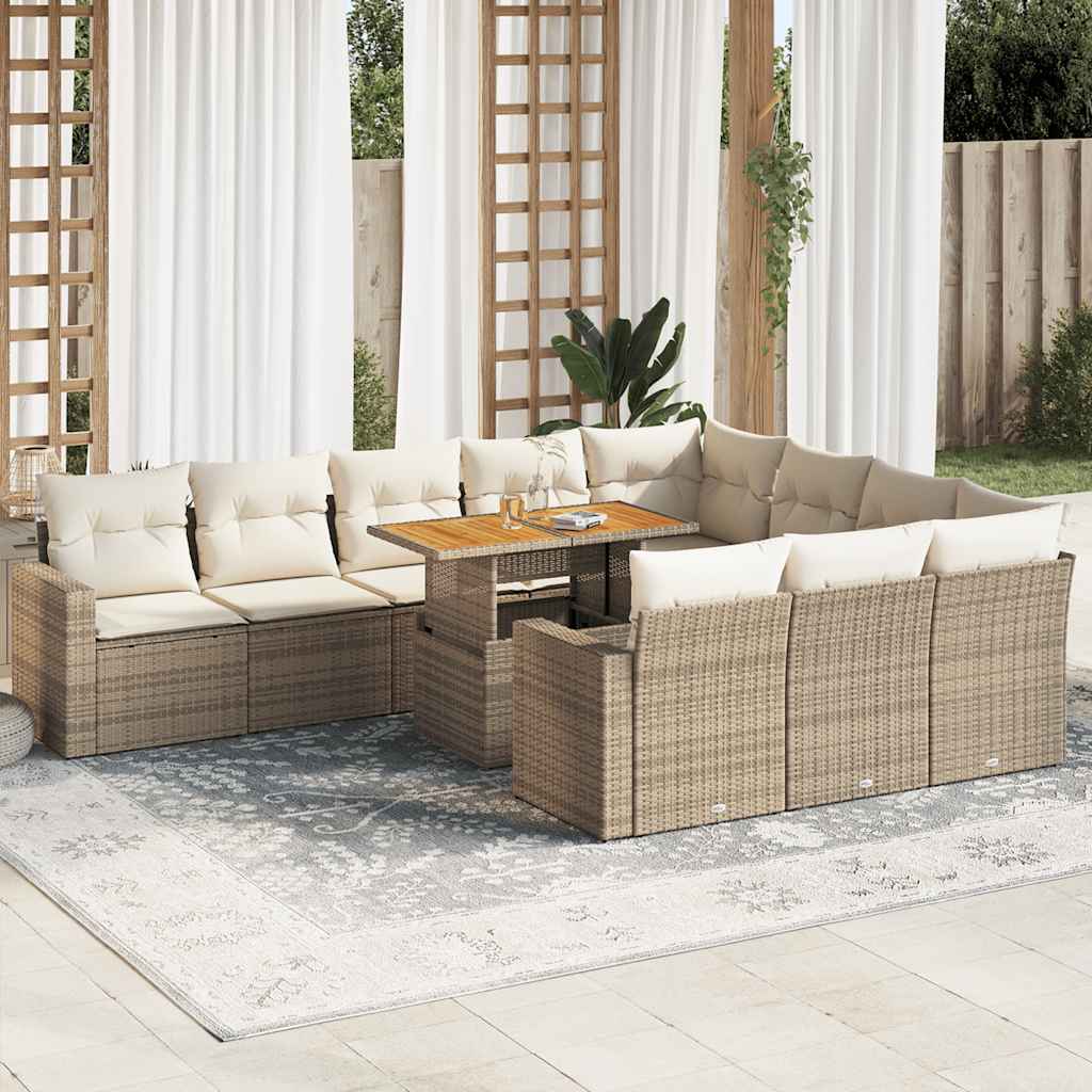 11-delige Tuinset met kussens poly rattan beige