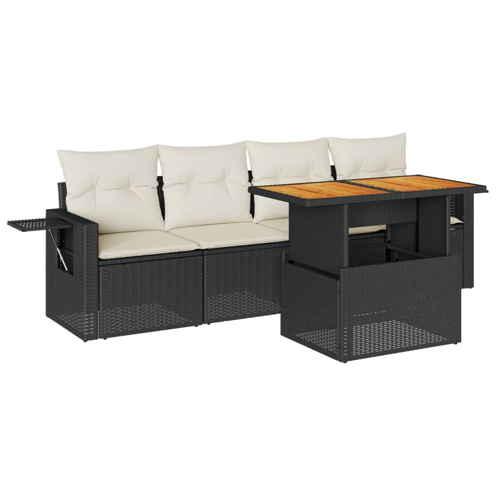 5-delige Loungeset met kussens poly rattan zwart