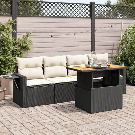 5-delige Loungeset met kussens poly rattan zwart