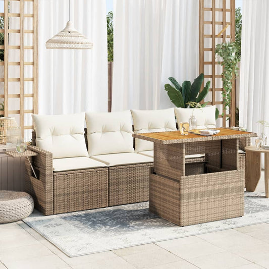 5-delige Loungeset met kussens poly rattan beige