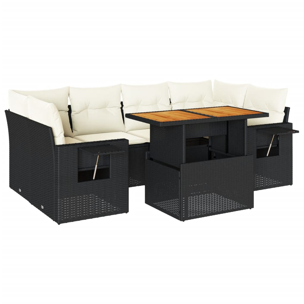 7-delige Loungeset met kussens poly rattan zwart