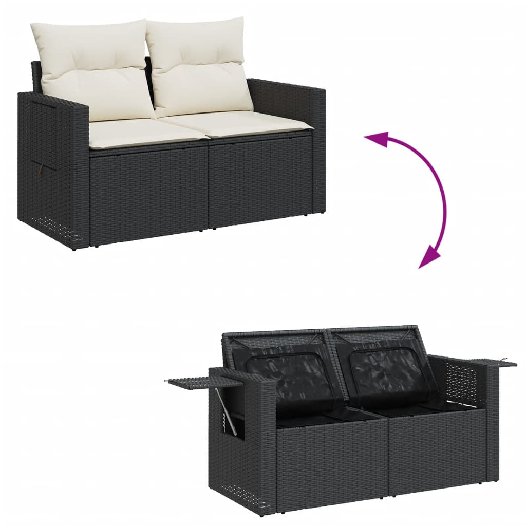 7-delige Loungeset met kussens poly rattan zwart