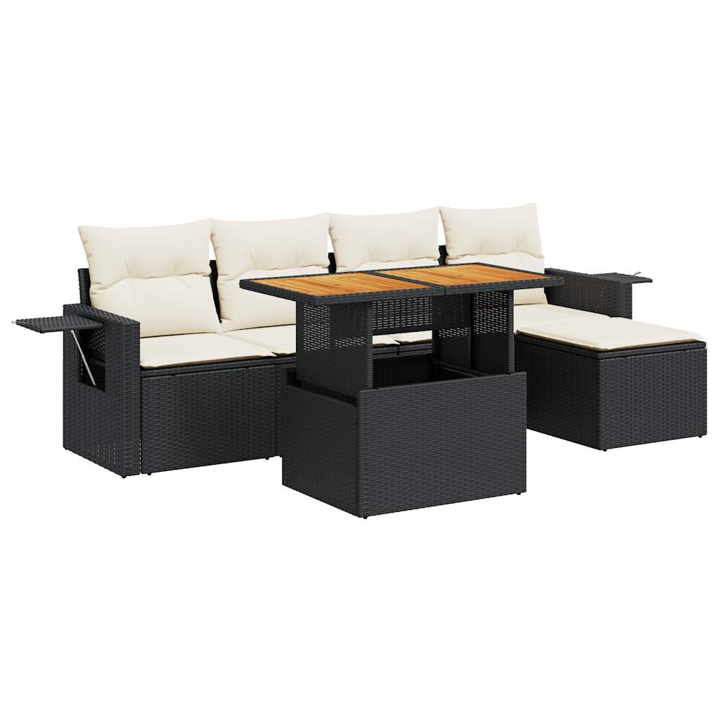 6-delige Loungeset met kussens poly rattan zwart