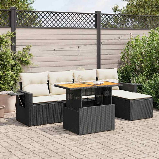 6-delige Loungeset met kussens poly rattan zwart