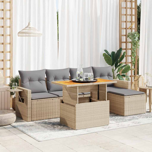 6-delige Loungeset met kussens poly rattan beige