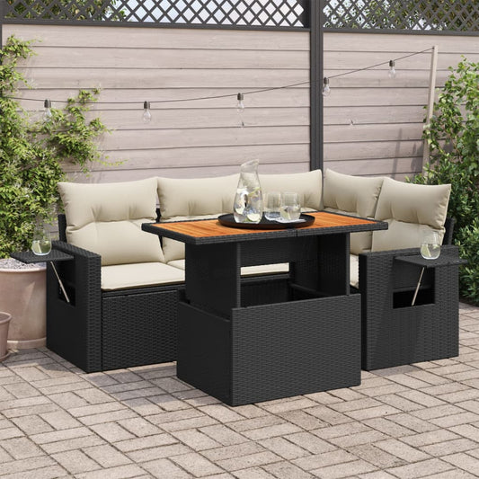 5-delige Loungeset met kussens poly rattan zwart