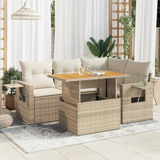 5-delige Loungeset met kussens poly rattan beige