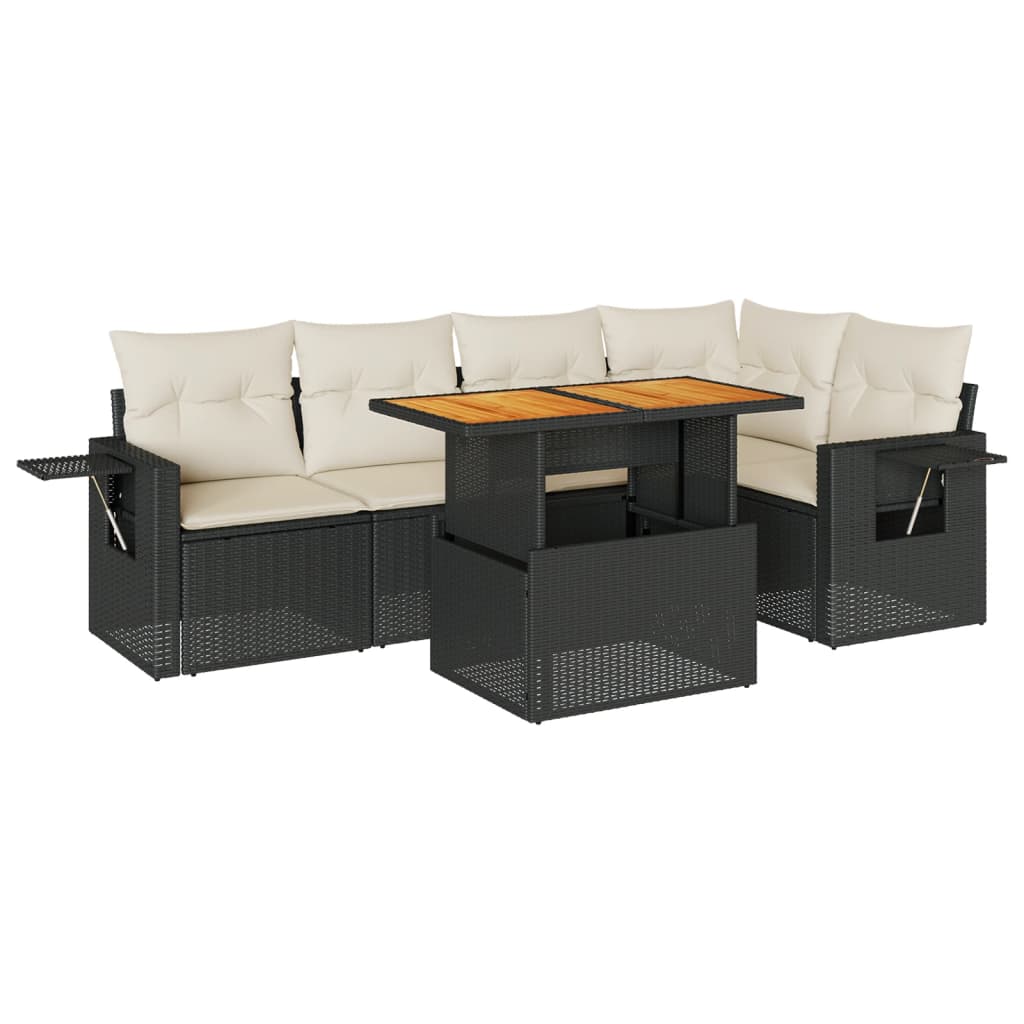 6-delige Loungeset met kussens poly rattan zwart