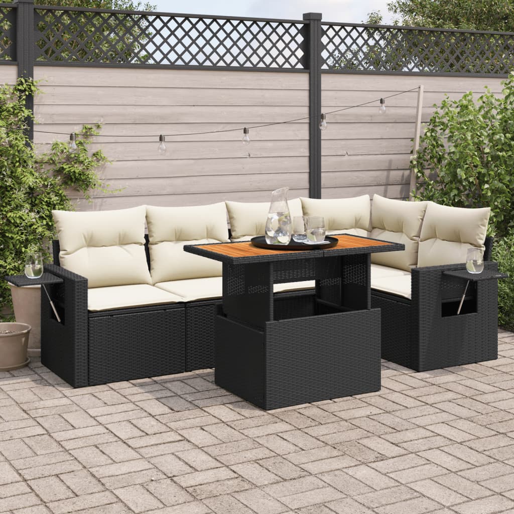 6-delige Loungeset met kussens poly rattan zwart