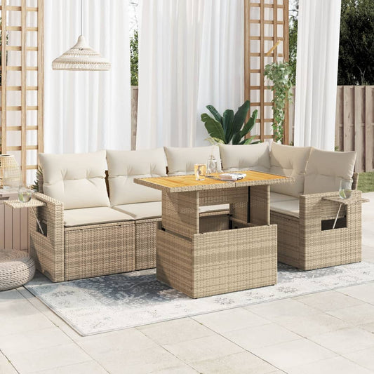 6-delige Loungeset met kussens poly rattan beige