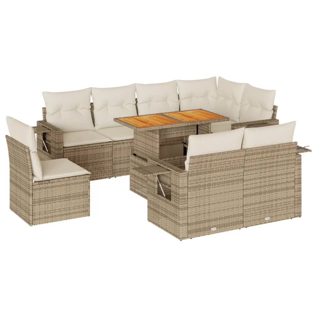 9-delige Loungeset met kussens poly rattan beige