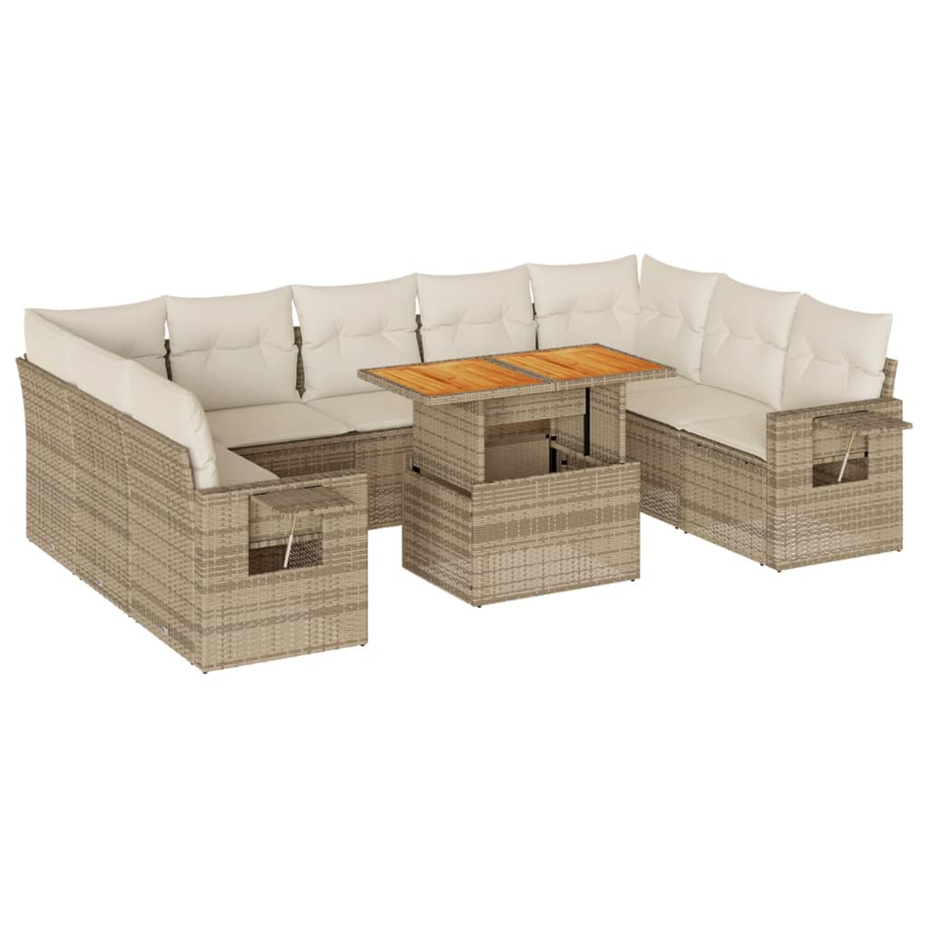 10-delige Loungeset met kussens poly rattan beige