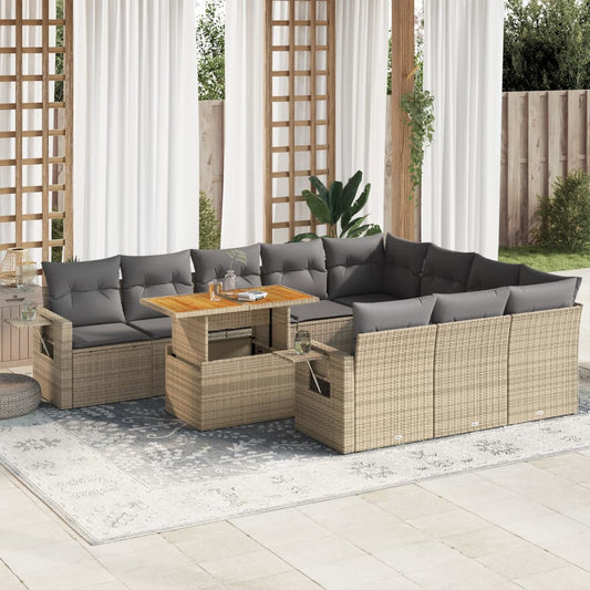 11-delige Tuinset met kussens poly rattan beige