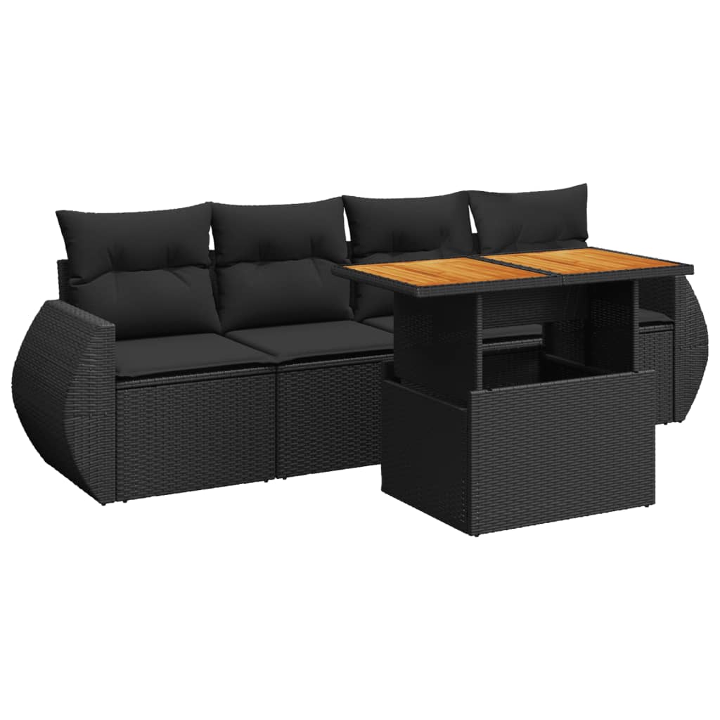 5-delige Loungeset met kussens poly rattan zwart