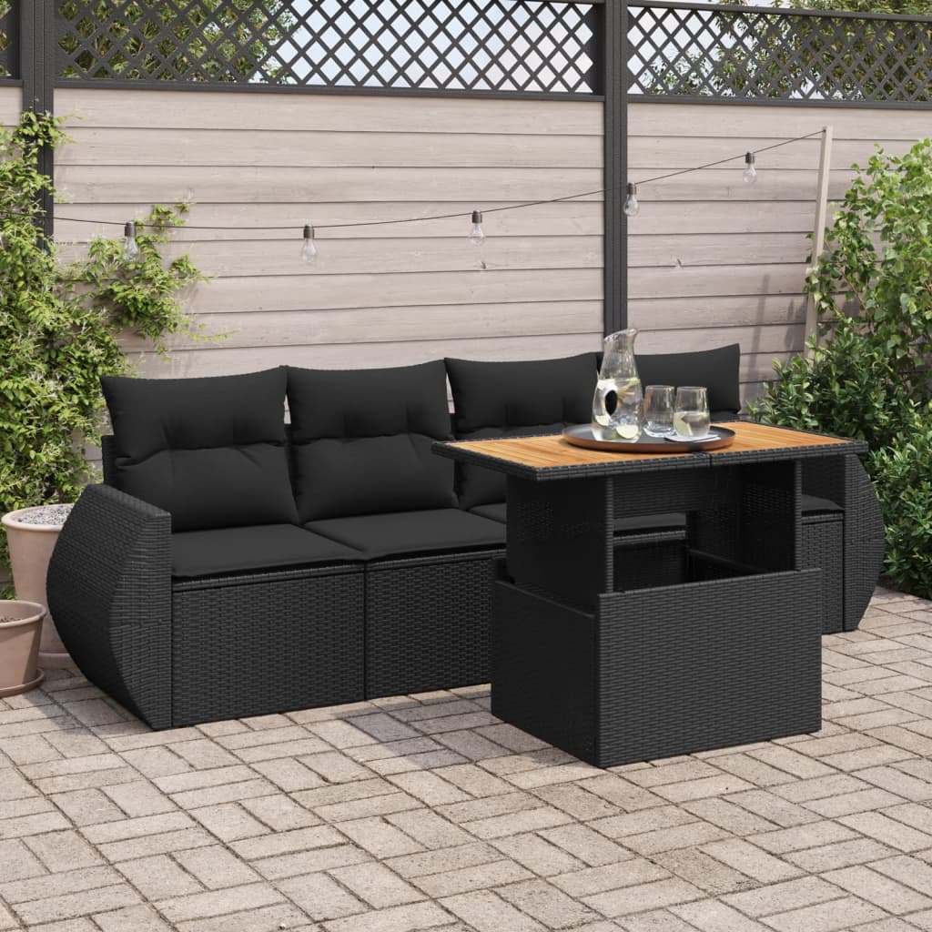 5-delige Loungeset met kussens poly rattan zwart