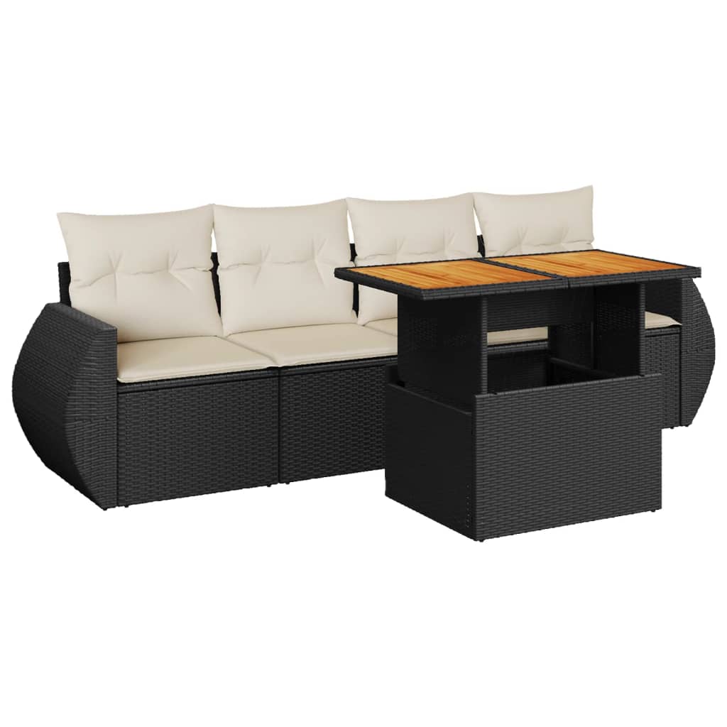 5-delige Loungeset met kussens poly rattan zwart