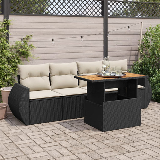 5-delige Loungeset met kussens poly rattan zwart