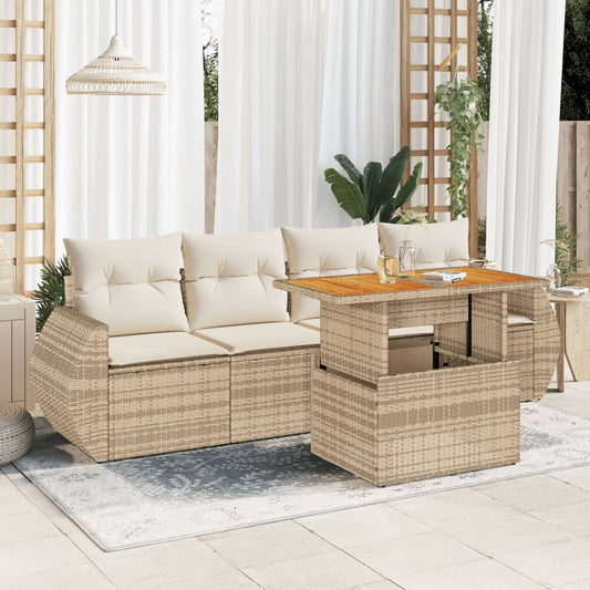 5-delige Loungeset met kussens poly rattan beige